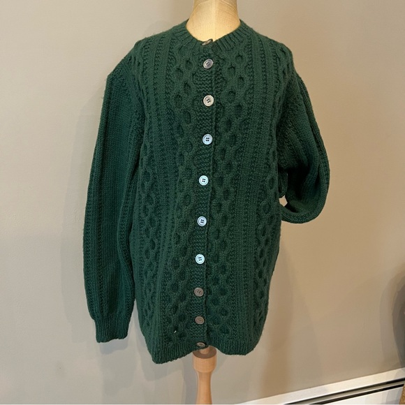 Handmade Vintage Wool Honeycomb Cable Knit Chunky Cardigan Hunter Green Sz M/L - Picture 2 of 12